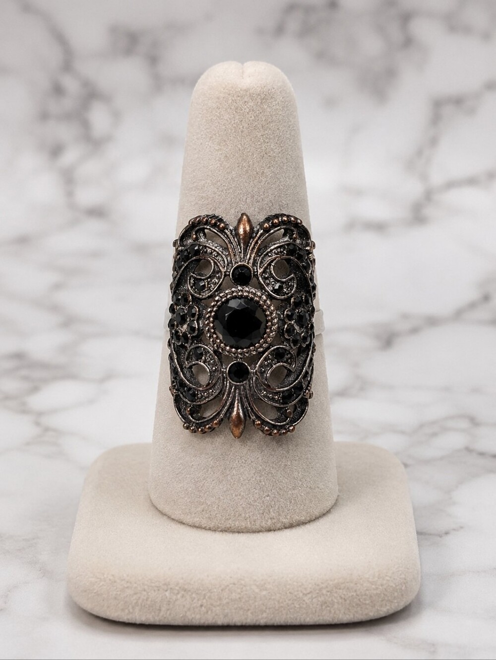 Vintage Gothic Filigree Black Crystal Statement Ring | Adjustable Cuff Style